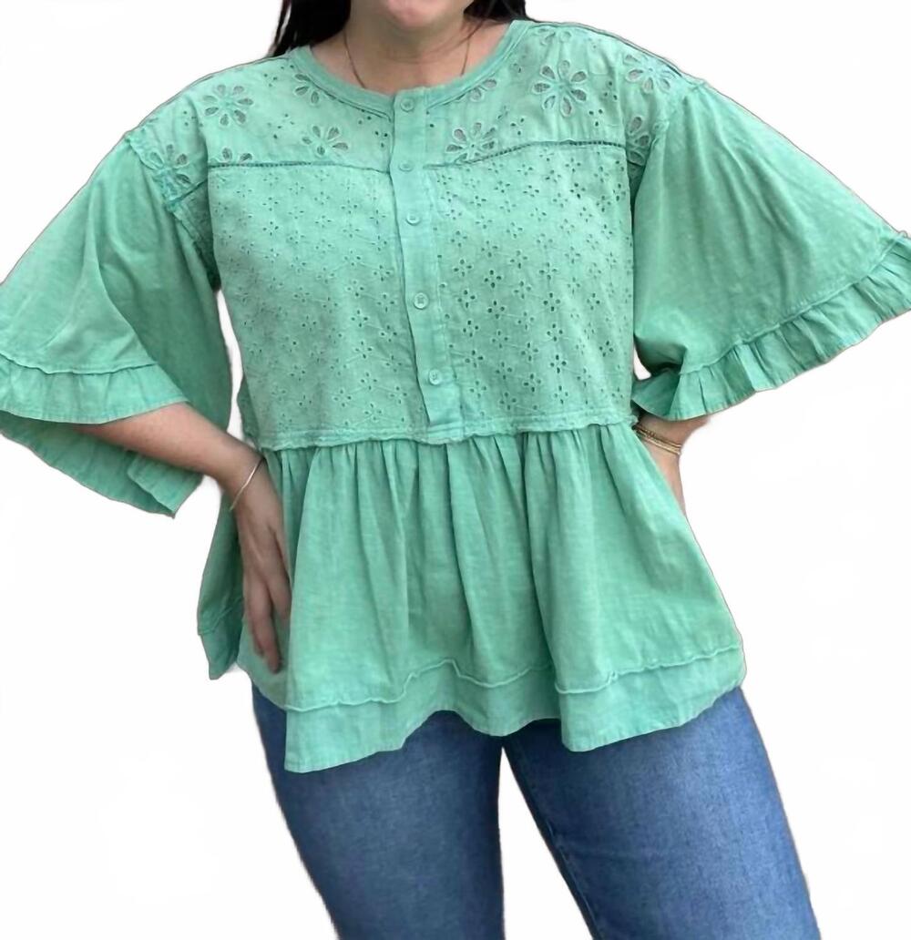 NEW EASEL eyelet mix top in green